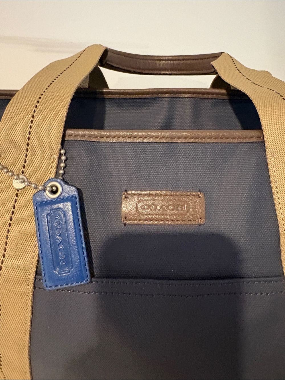 Like New Coach Navy Canvas Duffel with Tan Straps and Blue Base - Picture 2 of 4